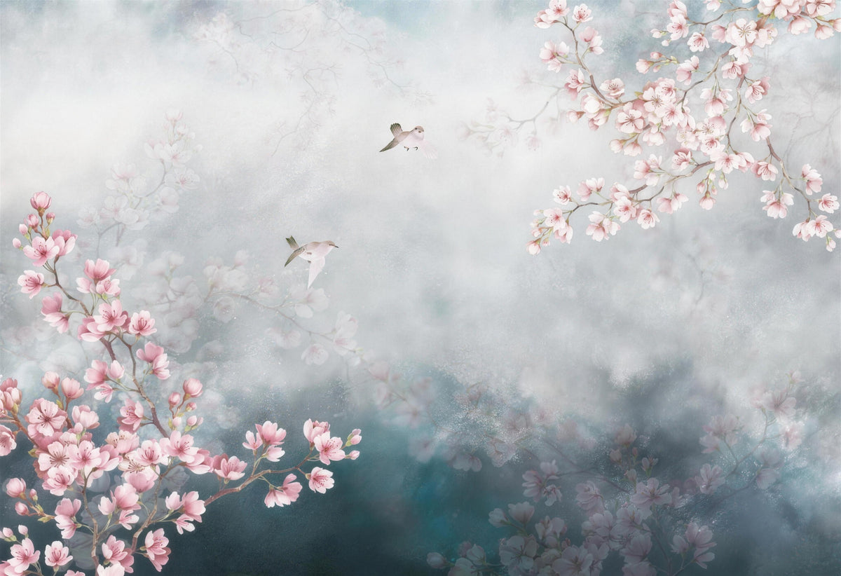 cherry blossom landscape wallpaper pattern shown flat