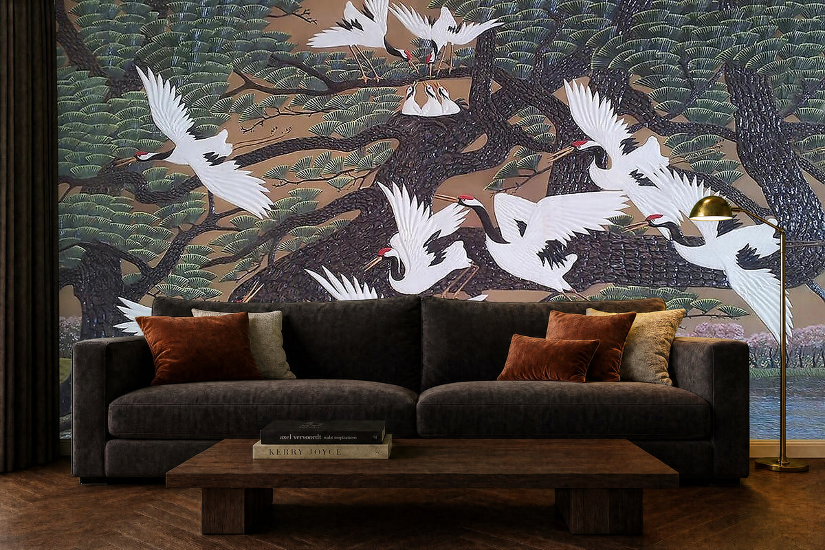 crane toile wallpaper in a living room