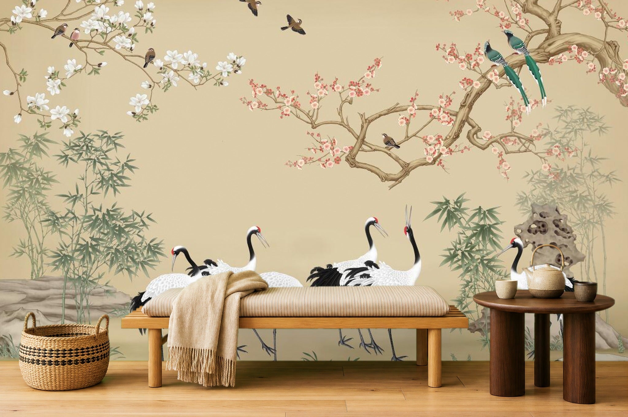 Oriental Crane Wallpaper — room scene