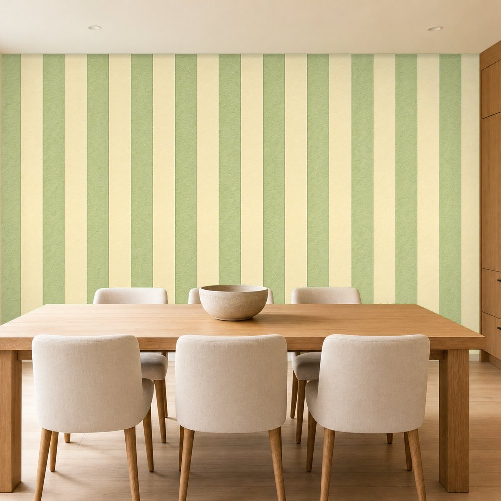 cream and green striped wallpaper room