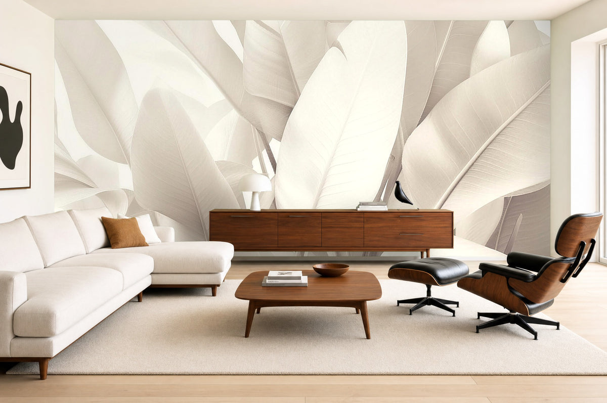 cream leaf wallpaper in a living room