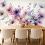 purple floral wallpaper dining room feature wall