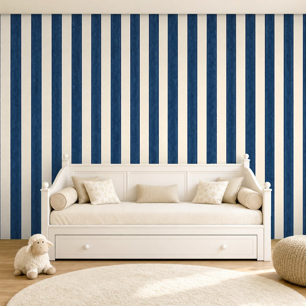 dark blue striped wallpaper room