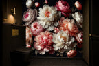 dark floral peony wallpaper in a cloakroom