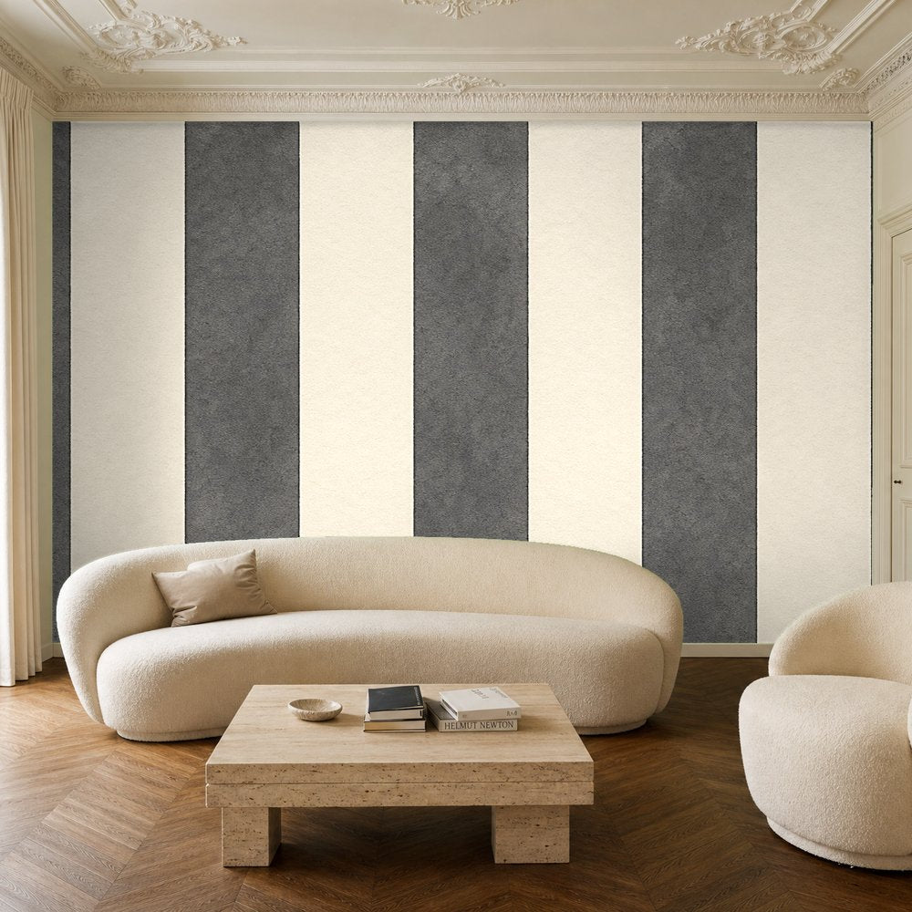 dark gray and light gray striped wallpaper room
