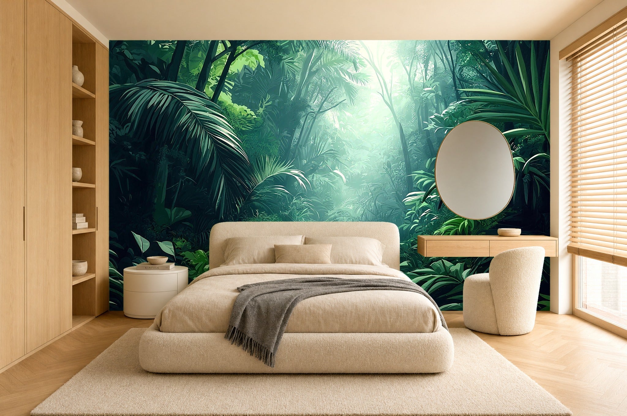 dark green leaf wallpaper in a bedroom