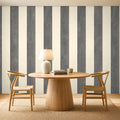 dark grey and white striped wallpaper room