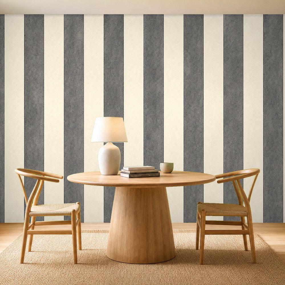 dark grey and white striped wallpaper room
