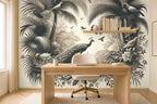 dark peacock wallpaper in a home office
