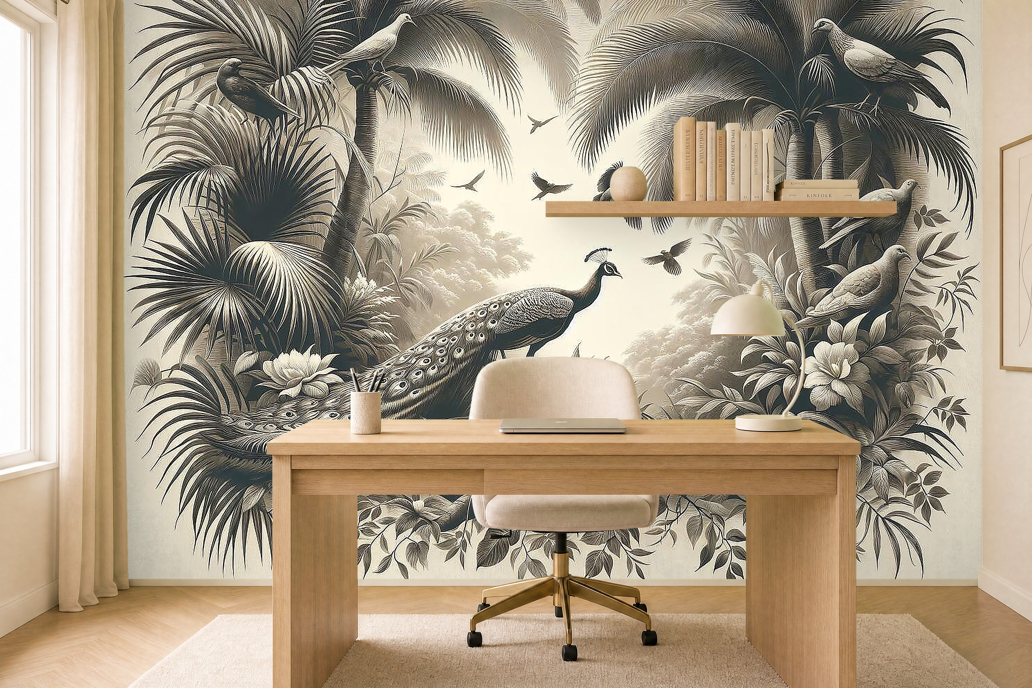 dark peacock wallpaper in a home office