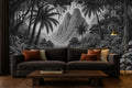 dark tropical wallpaper in a living room