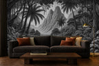dark tropical wallpaper in a living room