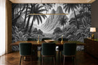 dark tropical wallpaper in a dining room