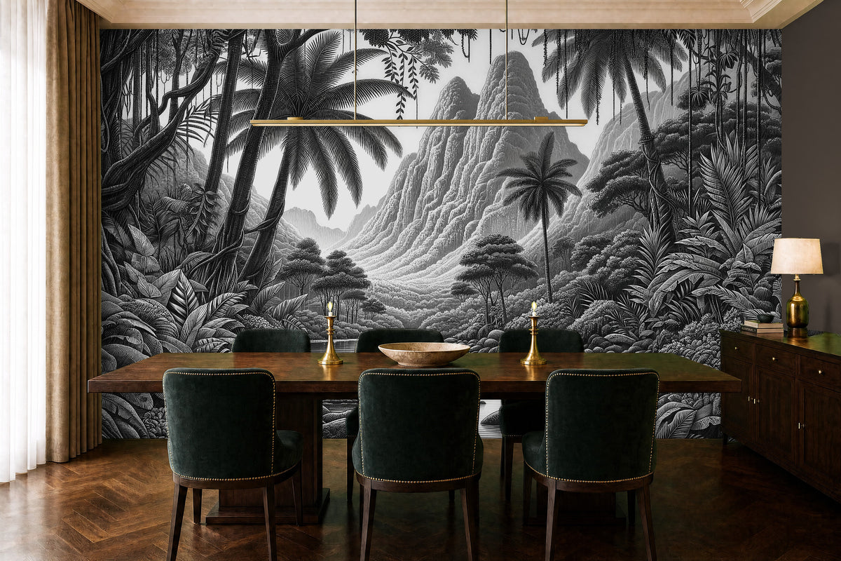 dark tropical wallpaper in a dining room