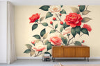 cream floral wallpaper living room feature wall