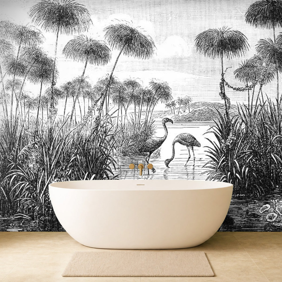 Black and white flamingo wallpaper — bathroom scene