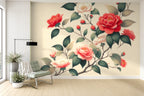 cream floral wallpaper living room wall