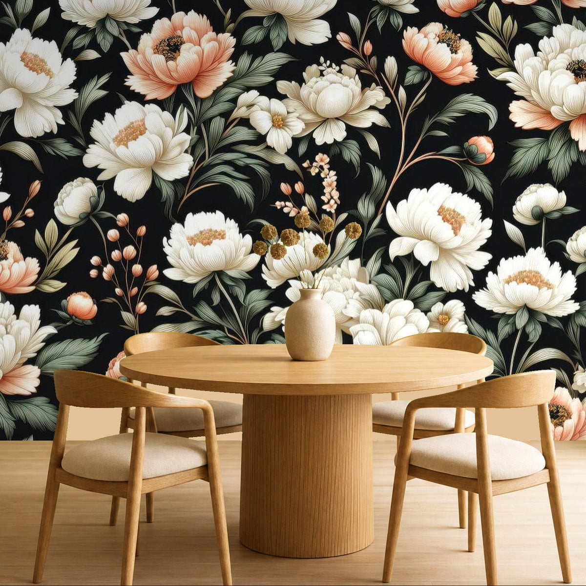 large floral wallpaper dining room feature wall