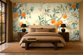 orange floral wallpaper in a bedroom