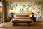 orange floral wallpaper in a bedroom