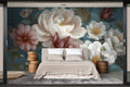 blue peony wallpaper in a bedroom