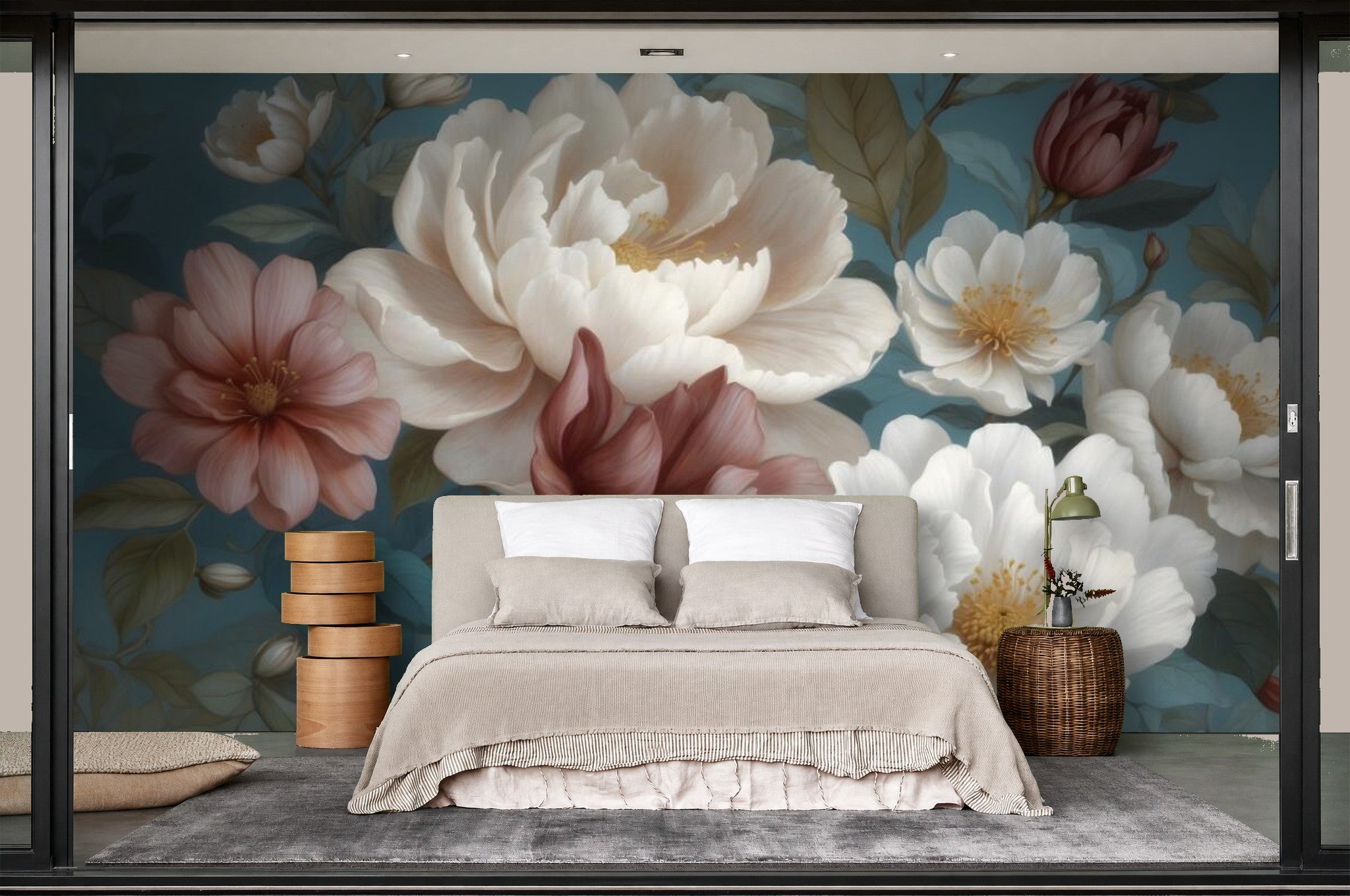 blue peony wallpaper in a bedroom