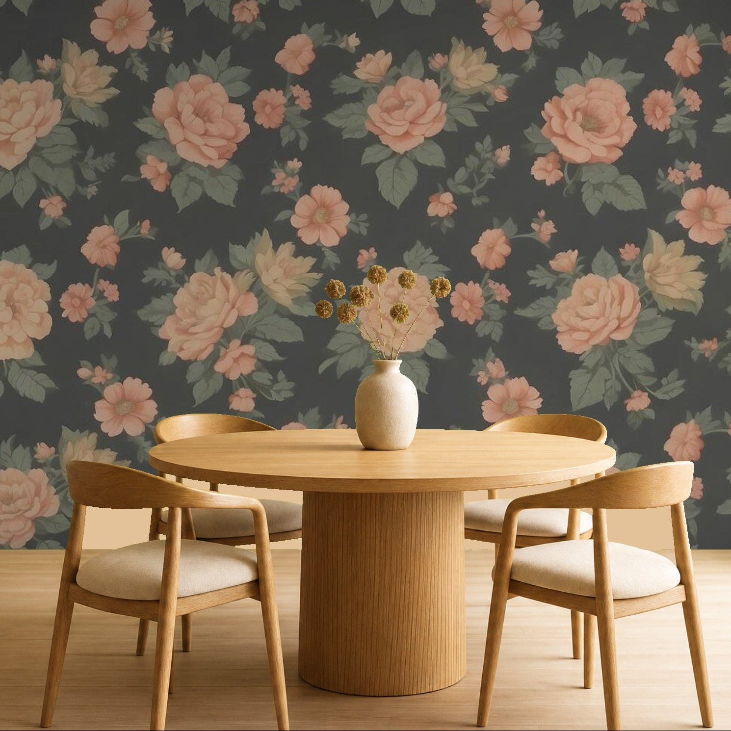 pink and green floral wallpaper dining room feature wall