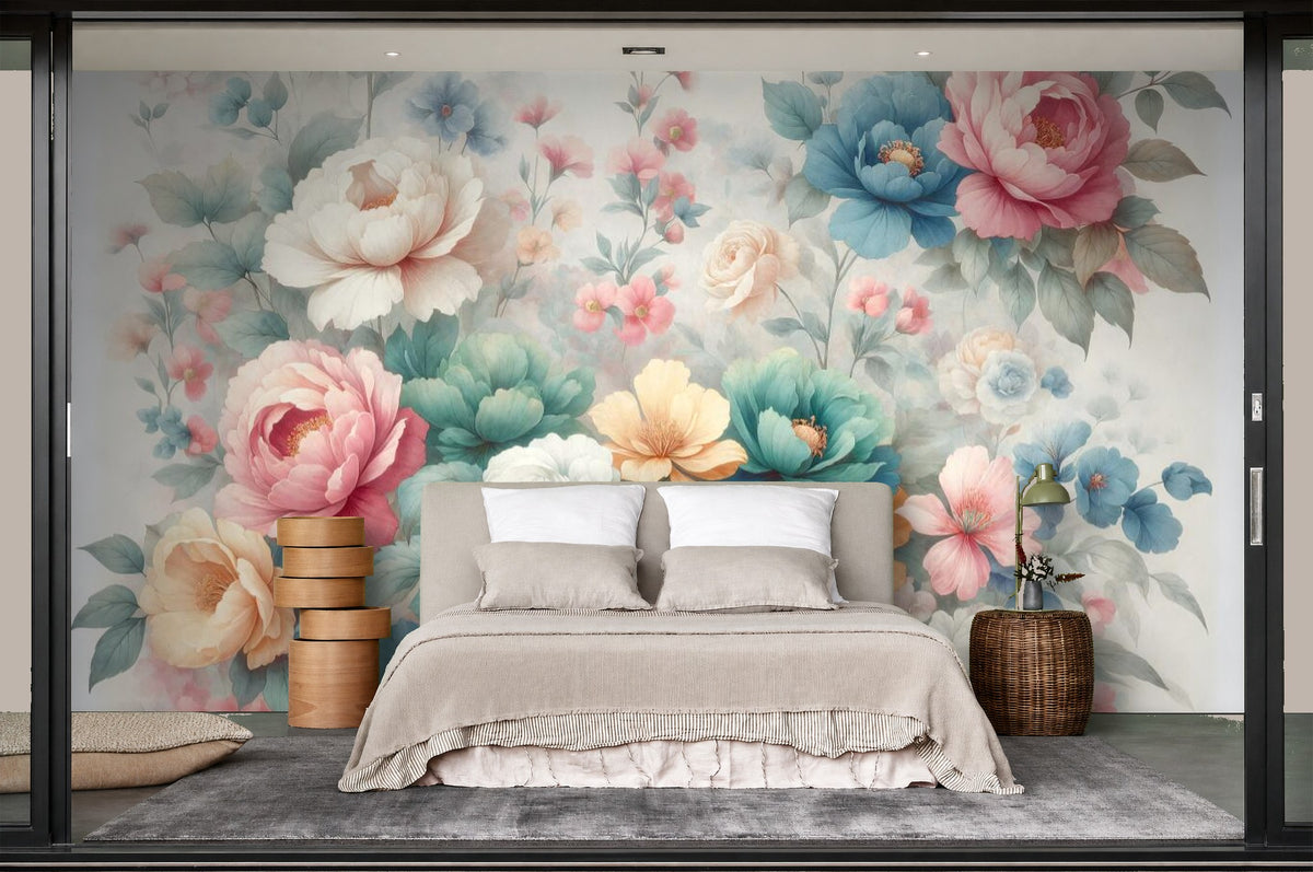 peony sage wallpaper in a bedroom