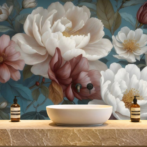 blue and white floral wallpaper bathroom wall