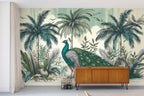 Navy peacock wallpaper — room scene