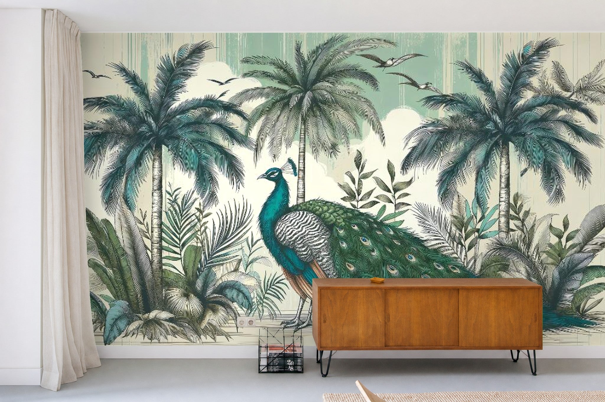 Navy peacock wallpaper — room scene