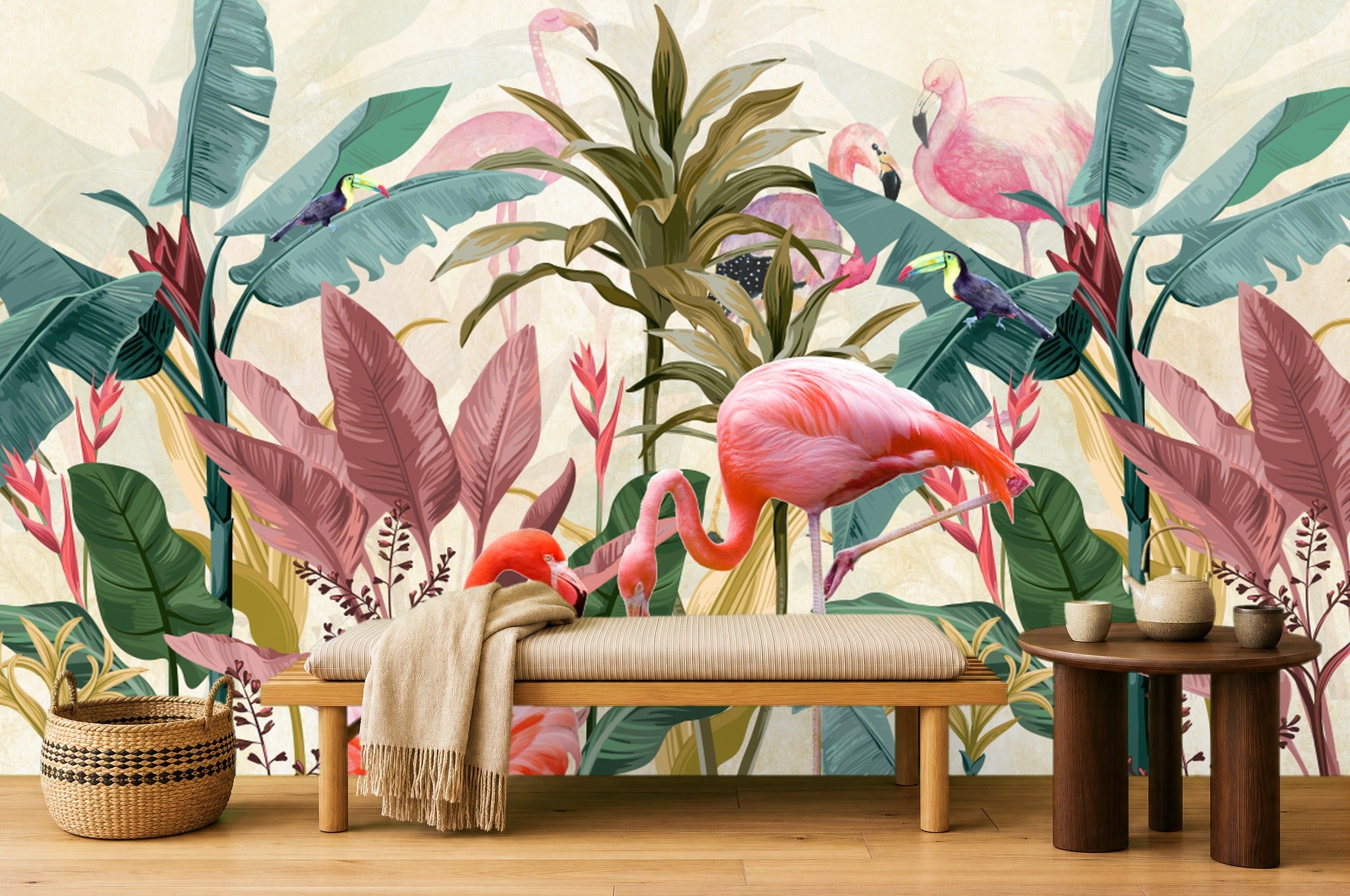 Flamingo Leaf Wallpaper — mural in a styled room