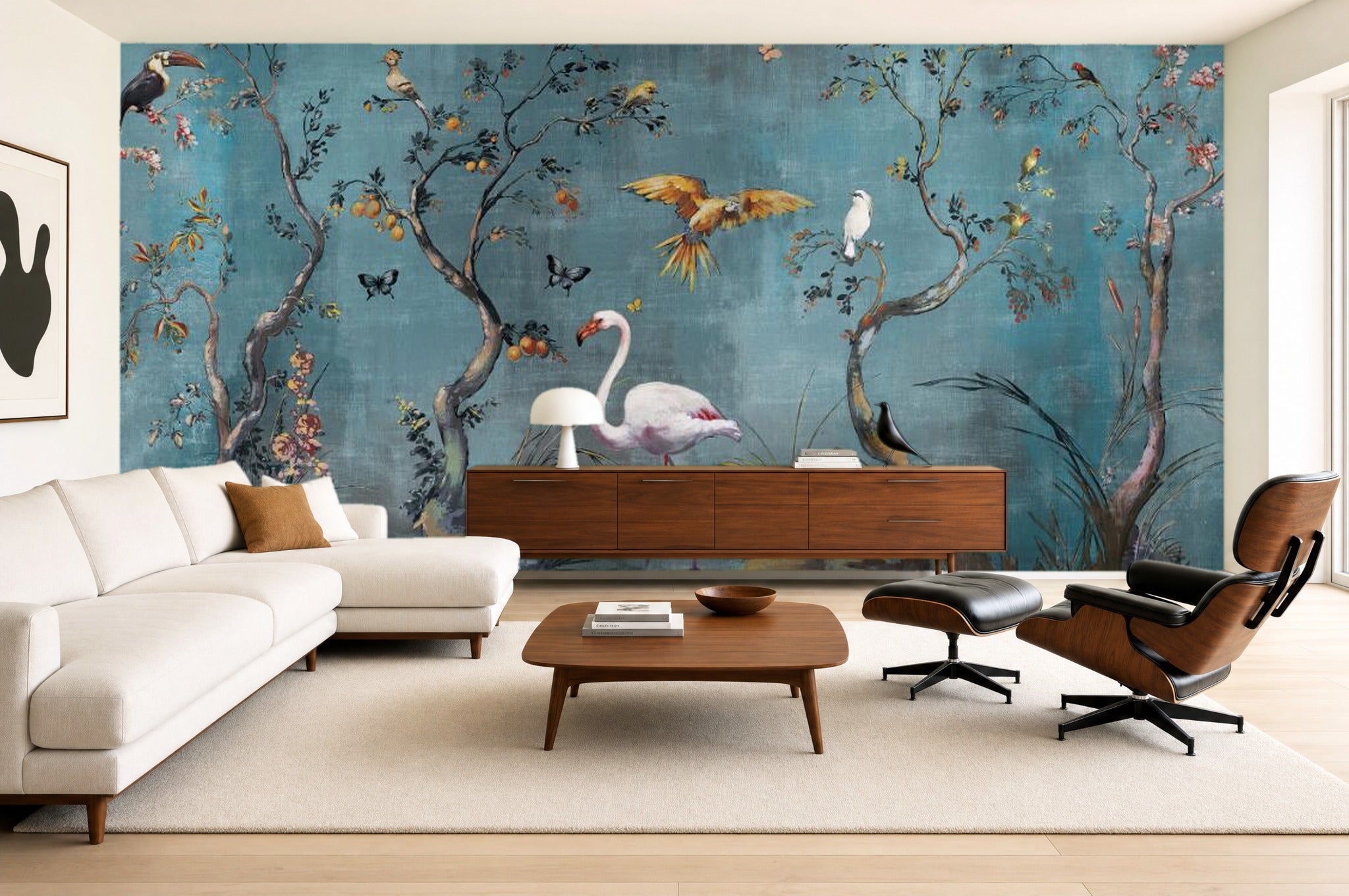 Navy Flamingo Wallpaper — mural in a styled room