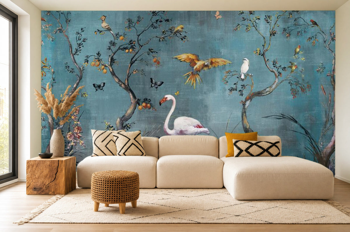 Navy Flamingo Wallpaper — room scene