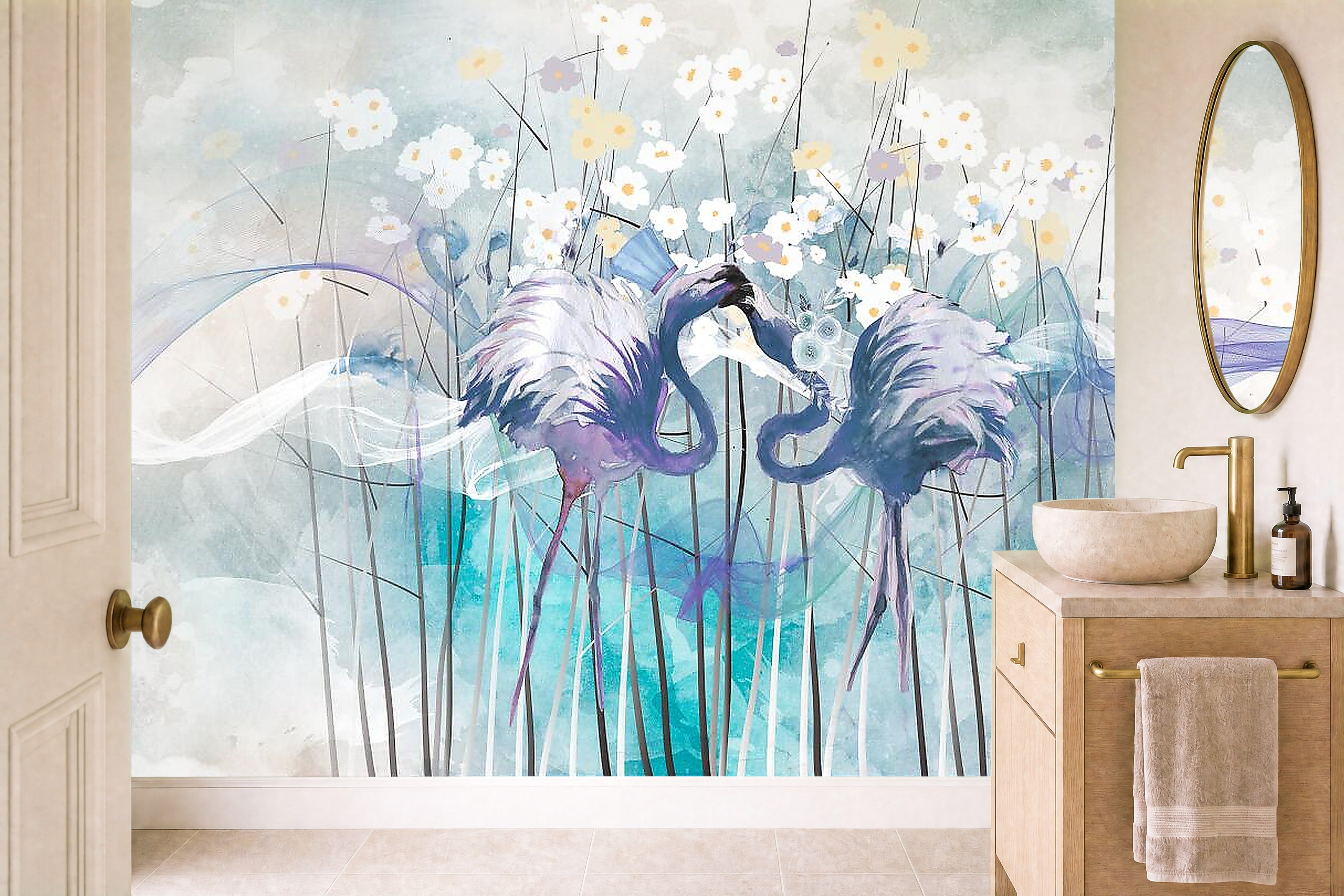 flamingo wallpaper blue in a cloakroom