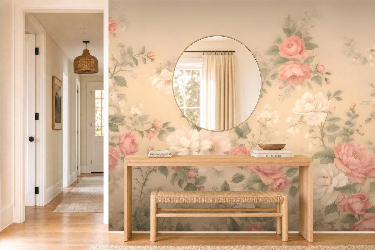 floral decor wallpaper in a hallway