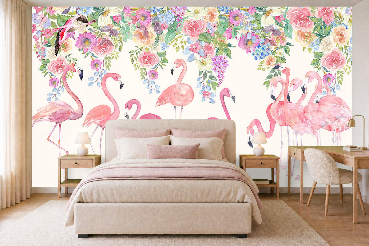 floral flamingo wallpaper in a children's room
