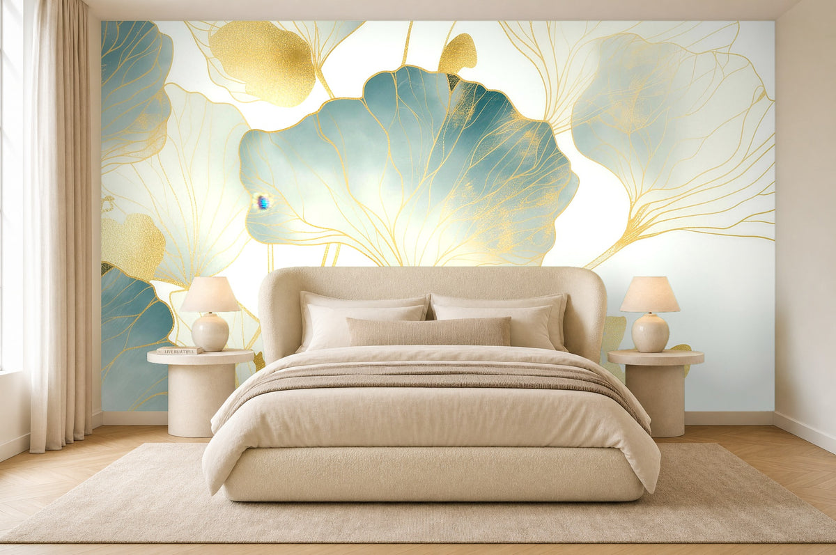 ginkgo leaf wallpaper in a bedroom