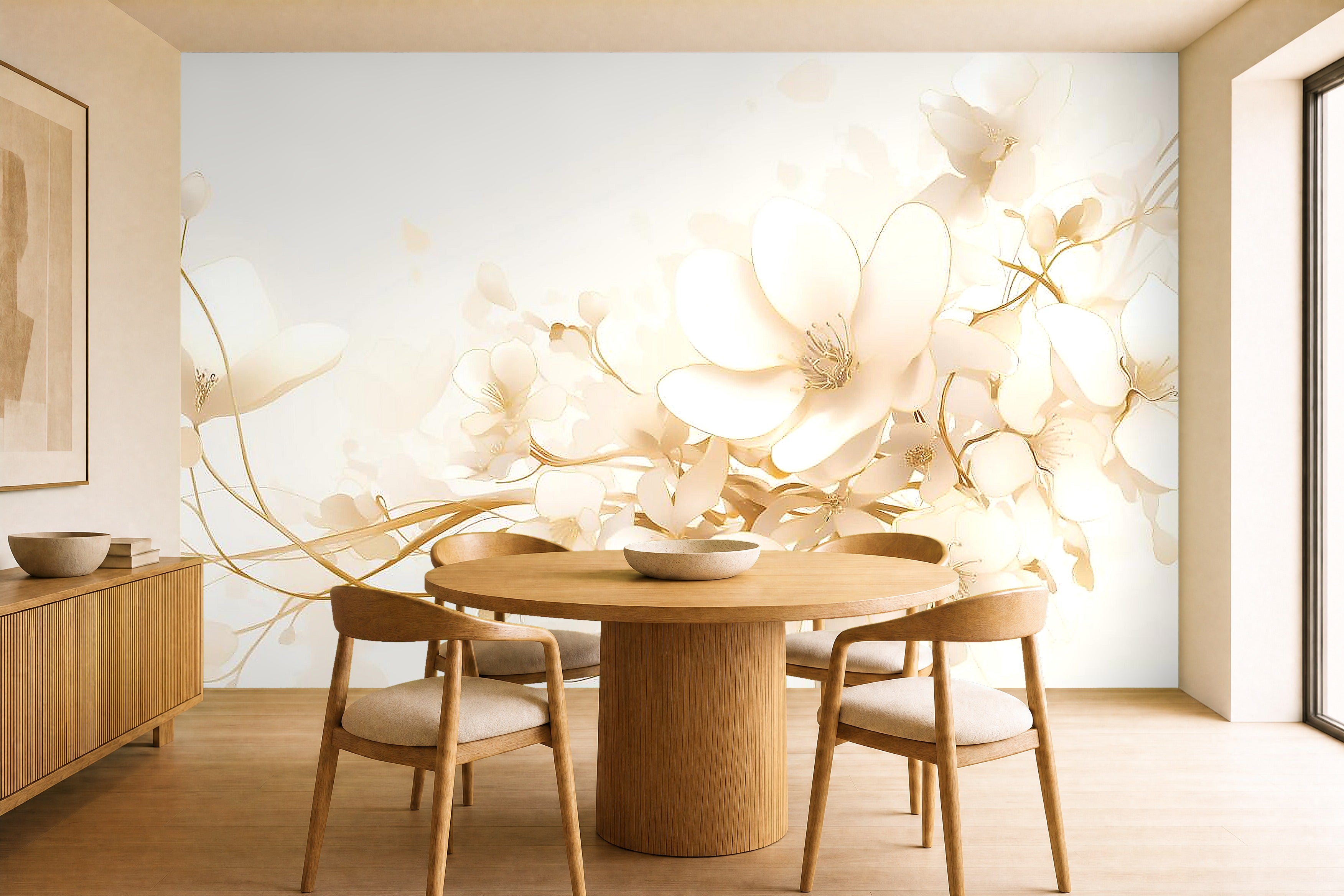 gold blossom wallpaper in a kitchen