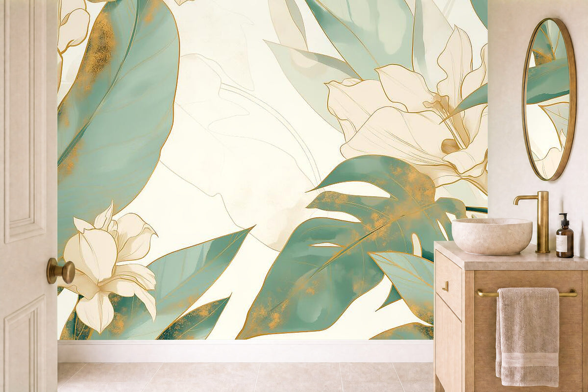 gold floral wallpaper in a cloakroom