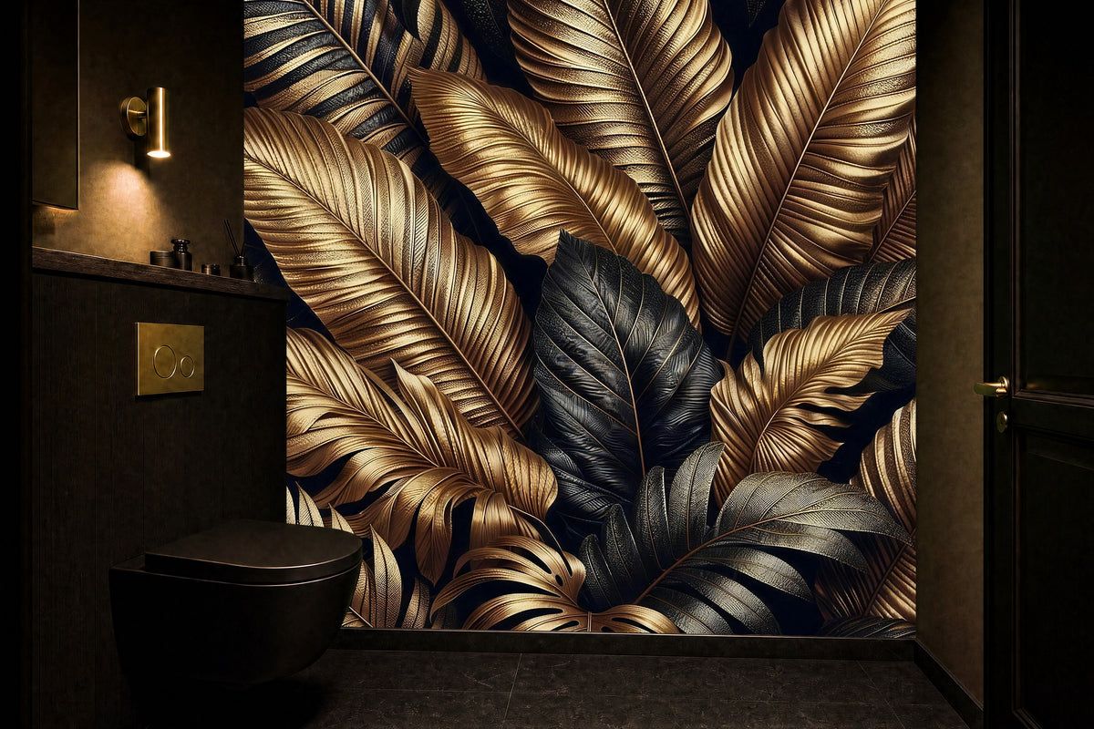 gold leaf effect wallpaper in a cloakroom