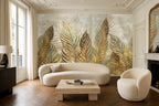 Gold Leaf Wallpaper — mural in a styled living room