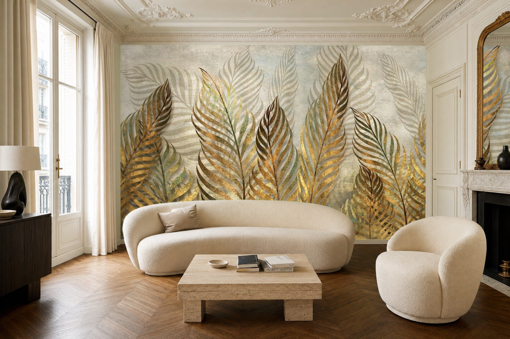 Gold Leaf Wallpaper — mural in a styled living room