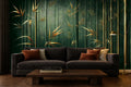 green and gold leaf wallpaper in a living room