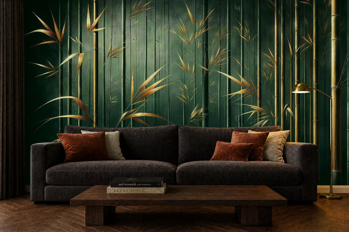 green and gold leaf wallpaper in a living room