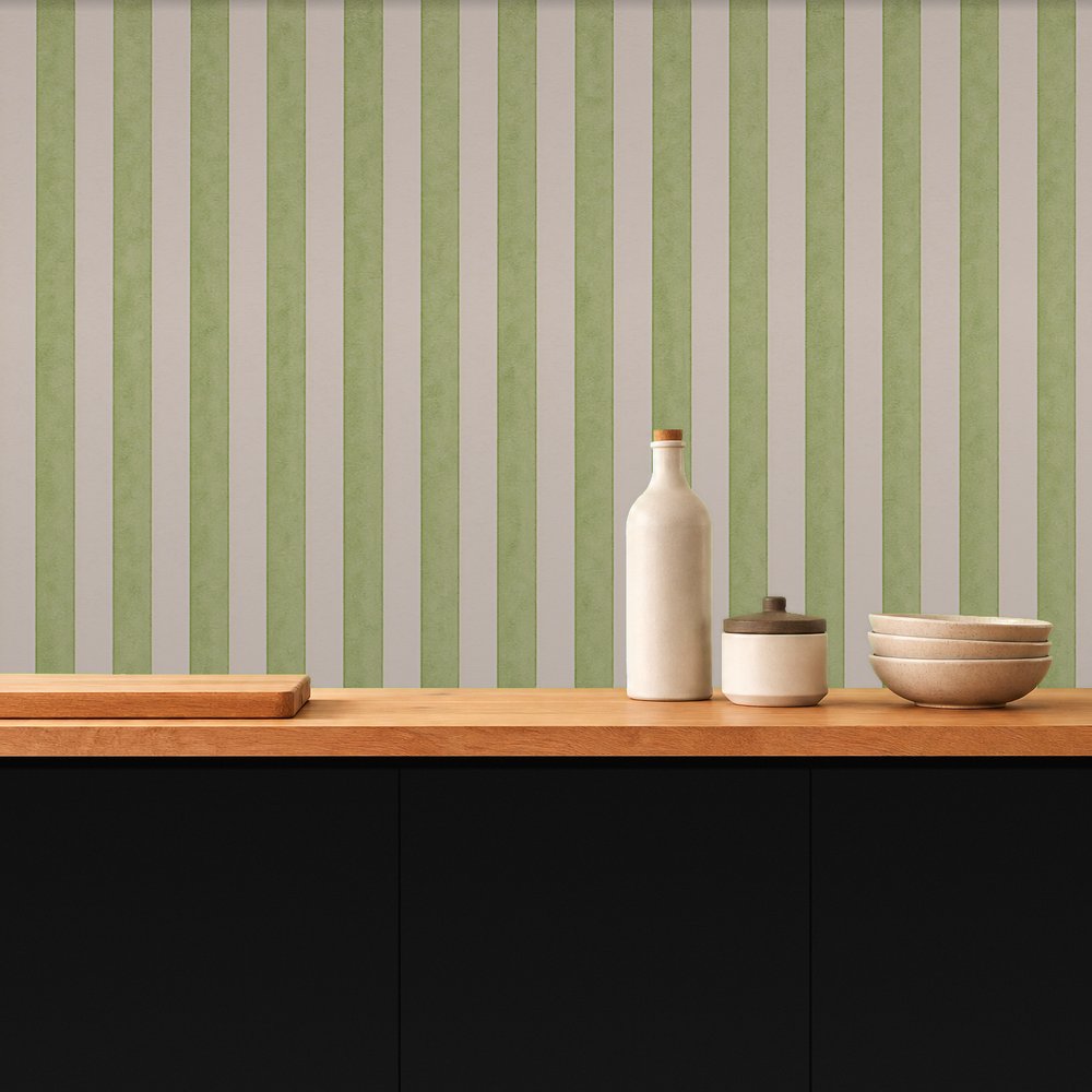 green and white striped wallpaper room