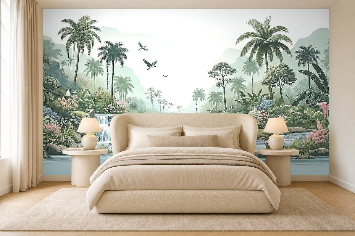 green crane wallpaper in a bedroom