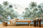 green crane wallpaper in a living room