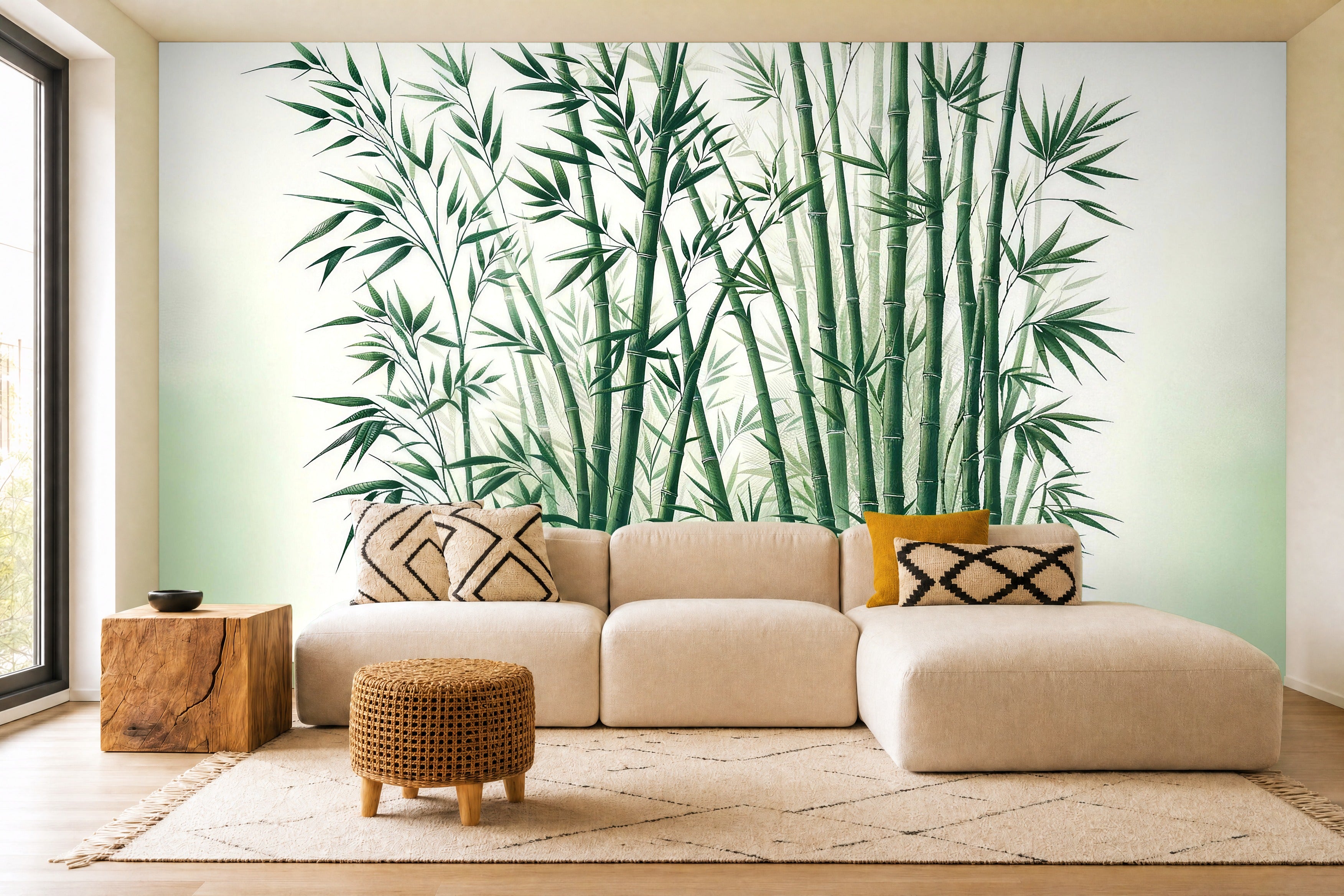 green leaf wallpaper bedroom in a living room