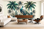 Green peacock wallpaper — tropical palm mural on a living room feature wall